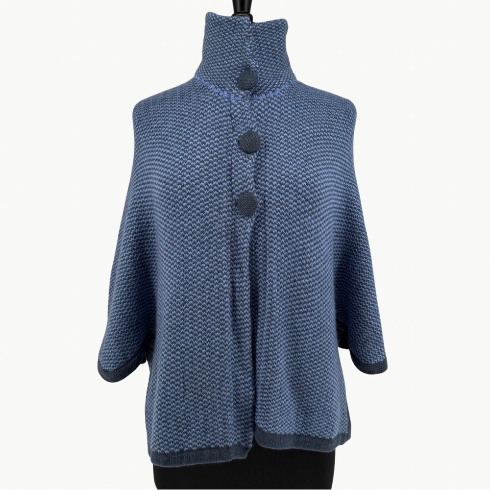 Vintage 80s Baby Alpaca Knit Cape Poncho Funnel Neck Sz Medium Blue Artisan Cozy - Picture 6 of 16